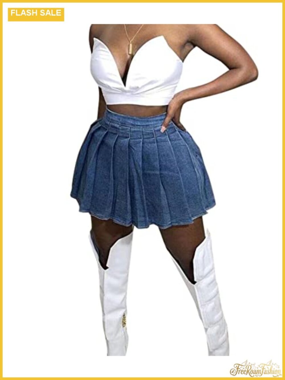 Pleated Denim Mini Skirt High Rise Ruffle A-Line Tennis SKirt